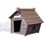 Dobar Outdoor-Hundehütte mit Spitzdach und seitlicher Veranda Comic-Design,Holz, 146,3 x 90 x 96 cm