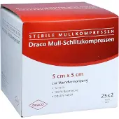Dräco Schlitzkompressen Mull 5x5 cm steril 12fach 25x2 St Kompressen