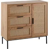 Wohnling Kommode 80x82x36 cm Flurkommode Eiche-Nachbildung & Rattan Sideboard mit drei Schubladen und Tür Kommodenschrank Modern Standschrank Anrichte