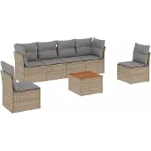 vidaXL 7-tlg. Garten-Sofagarnitur mit Kissen Beige Poly Rattan