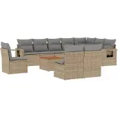 vidaXL 11-tlg. Garten-Sofagarnitur mit Kissen Beige Poly Rattan