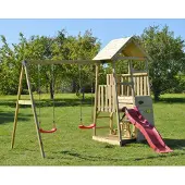 Wendi Toys Holz Spielturm Flamingo mit Rutsche, Kletterwand, 2 Schaukeln & Picknicktisch Natur 280x340x270 cm