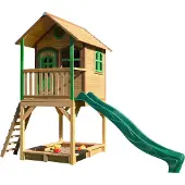 Axi Spielhaus Sarah mit Sandkasten & grüner Rutsche | Stelzenhaus in Braun & Grün aus Holz für Kinder | Spielturm mit Wellenrutsche für den Garten