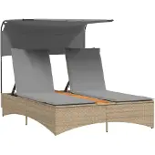 The Living Store Doppel-Sonnenliege mit Dach und Auflagen Beige Poly Rattan