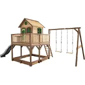 Axi Spielhaus Liam mit Sandkasten, Doppelschaukel & grauer Rutsche | Stelzenhaus XXL in Braun & Grün aus Holz für Kinder | Spielturm mit Wellenrutsche für den Garten