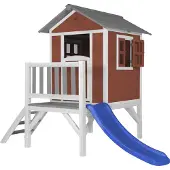 Axi Spielhaus Beach Lodge XL in Rot mit Rutsche in Blau | Stelzenhaus aus Holz für Kinder | Kleiner Spielturm für den Garten