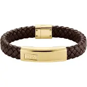 BOSS Braunes Armband aus geflochtenem Leder mit goldfarbener Logo-Plakette Grösse M
