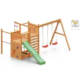 Fungoo Spielturm "Climbing Star 3" teak mit Rutsche, Doppelschaukel, Kletterwand, Strickleiter, Kletternetz