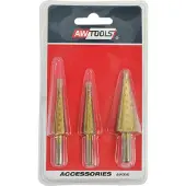 AWTOOLS WIERTŁA STOPNIOWE HSS-TIN KOMPLET 3 SZTUKOWY / 3-12mm / 4-12mm / 4-20mm