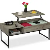 Relaxdays Couchtisch aufklappbar, HBT: 45x110x50 cm, Seitenfach, Wohnzimmertisch mit Stauraum, Holzoptik & Metall, grau