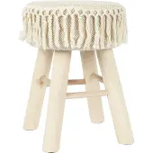 WDMT Handgefertigter Holzhocker mit Makramee-Sitz – Ø 28 x 40 cm – Braun