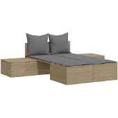 The Living Store Doppel-Sonnenliege mit Auflagen Beige Poly Rattan