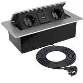 TecLines TES010S 2-fach Einbausteckdose mit 2x USB-A, 1,5m Kabel, silber