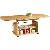 Hela Couchtisch mit Funktion, Wohnzimmertisch Babsi - Nachbildung Buche - höhenverstellbar und ausziehbar - Rollenfüße - große Ablage - 107x157x67cm