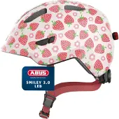 ABUS Kinderhelm Smiley 3.0 LED - Fahrradhelm mit Licht - tiefe Passform & Platz für einen Zopf - für Mädchen und Jungs - Rosa mit Erdbeer-Muster, Größe M (50-55 cm)