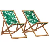 vidaXL Strandstühle 2 Stk. Klappbar Blattmuster Stoff und Massivholz