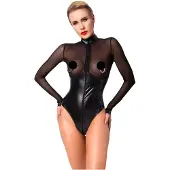 Noir Handmade - Glänzender Body mit transparentem Einsatz (Schwarz) - XL