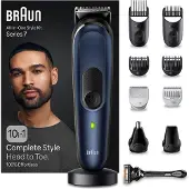 Braun 10-in-1 Styling-Set 7 MGK7410 Bart, Körper, Haar. Mit Metallklinge, 100 Min. Akkulaufzeit, Aufbewahrungsbeutel, in Blau, Schwarz, Metall, Kunststoff, Rechteck, 1 mm, 2,1 cm, Universal