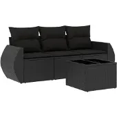 vidaXL 4-tlg. Garten-Sofagarnitur mit Kissen Schwarz Poly Rattan