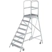 Munk Podesttreppe, 8 Stufen, einseitig begehbar, Rechteckrohr-Holme, Plattform B 600 x T 800 mm, Handlauf, 3-seitiges Geländer, max. 150 kg