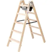 MUNK Günzburger Steigtechnik Holz-Stufen-Stehleiter, Nadelschnittholz/Buche, 80 mm geriffelt, Hufeisenscharniere, 150 kg, Eimerhaken, Textilgurt-Spreizsicherung, 10 Stufen