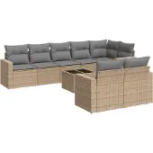 vidaXL 9-tlg. Garten-Sofagarnitur mit Kissen Beige Poly Rattan