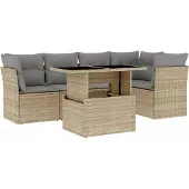 vidaXL 6-tlg. Garten-Sofagarnitur mit Kissen Beige Poly Rattan