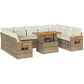vidaXL 10-tlg. Garten-Sofagarnitur mit Kissen Beige Poly Rattan Akazie