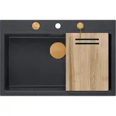 Quadron Spülbecken 1-Becken Spüle | Größe: 76 x 50 x 23,5 cm | MARC 110 | Granitspüle aus GraniteQ mit Siphon + Spender + Platte | Schwarz/Kupfer