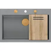 Quadron Spülbecken 1-Becken Spüle | Größe: 76 x 50 x 23,5 cm | MARC 110 | Granitspüle aus GraniteQ mit Siphon + Spender + Platte | Grau/Kupfer