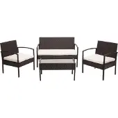 Mendler Poly-Rattan Garnitur MCW-F56, Balkon-/Garten-/Lounge-Set Sitzgruppe braun, Kissen creme