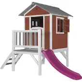 Axi Spielhaus Beach Lodge XL in Rot mit Rutsche in Lila | Stelzenhaus aus FSC Holz für Kinder | Kleiner Spielturm für den Garten