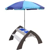 Axi Delta Kinder Sand & Wasser Picknicktisch aus Holz | Wasserspieltisch & Sandtisch mit Deckel und Behältern | Kindertisch / Matschtisch mit Sonnenschirm für den Garten