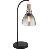 Globo Lighting Tischleuchte Metall schwarz matt, Glas rauchfarben, MDF Holzoptik dunkel, Kabel PVC schwarz, Wippschalter am Kabel, LxBxH: 250x180x550mm, Kabellänge 1500mm, exkl. 1x E27 LED 9W 230V