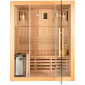 HOME DELUXE - Traditionelle Sauna - Skyline L - 120 x 150 x 190 cm - für 2-3 Personen, Hemlocktanne, inkl. Saunaofen, Saunazubehör I Dampfsauna Aufgusssauna Finnische Sauna Sauna