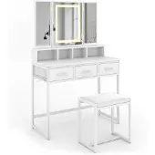 Vicco Schminktisch Mavida Weiß 90 cm mit LED-Spiegel und Hocker, Model 53022