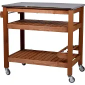 Dobar Rollbarer Beistellwagen Grilltisch mit Ablage und Edelstahlplatte für draußen, 94 x 58 x 90 cm, Kiefer