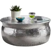 Wohnling Couchtisch 75x31x75cm Aluminium Silber Beistelltisch orientalisch rund Flacher Hammerschlag Sofatisch Metall Wohnzimmertisch modern