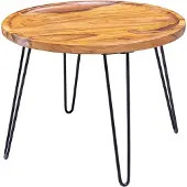 Wohnling Couchtisch Sheesham Massivholz 60x45x60 cm Wohnzimmertisch Rund Sofatisch mit Haarnadelbeine Kaffeetisch aus Holz und Metall