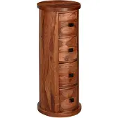 Wohnling Design Sideboard Sheesham Massivholz 35x85x35 cm Schränkchen mit 4 Schubladen Schmaler Beistellschrank Massiv Mini Kommode Rund