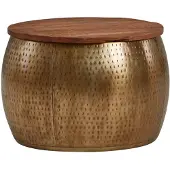 Wohnling Couchtisch Mango Massivholz Metall 60x60x40 cm Gold Rund mit Stauraum Wohnzimmertisch abnehmbare Platte Loungetisch Sofatisch Wohnzimmer