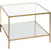 Haku Beistelltisch, quadratisch, Stahlrohr/Glas, Sicherheitsklarglas oben, Spiegelglas unten, B 600 x T 600 x H 450 mm, gold