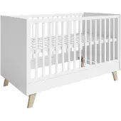 Roba Kombi Kinderbett Smile 70 x 140 - Gitterbett umbaubar zu Juniorbett - Höhenverstellbar - 3 Schlupfsprossen - Füße aus Eiche massiv - Weiß