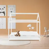 OEM Kinderbett für Kleinkinder, Holz Weiß, offene Dachkonstruktion, niedriger Rahmen, 80 cm breit, 90 cm hoch