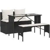 vidaXL 3-tlg. Garten-Essgruppe mit Kissen Schwarz Poly Rattan
