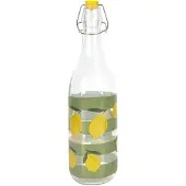 WDMT Glas-Bügelverschlussflasche 1 Liter – Wiederverwendbare Wasserflasche mit Zitronendruck und grünen Streifen – Transparent