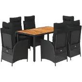vidaXL 7-tlg. Garten-Essgruppe mit Kissen Schwarz Poly Rattan