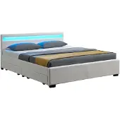 Juskys Polsterbett Lyon 140 x 200 cm weiß – Bettgestell mit Lattenrost, Bettkasten & LED Beleuchtung – Kunstleder & Holz – Bett Jugendbett