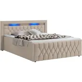 Juskys Boxspringbett Leona Samt 180x200 cm in Beige – mit LEDs, Topper & Federkern-Matratzen
