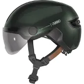 ABUS Stadthelm HUD-Y ACE - stylischer Fahrradhelm mit Visier und magnetischem, aufladbarem LED-Rücklicht - für Damen und Herren - Grün, Größe S (51-55 cm)